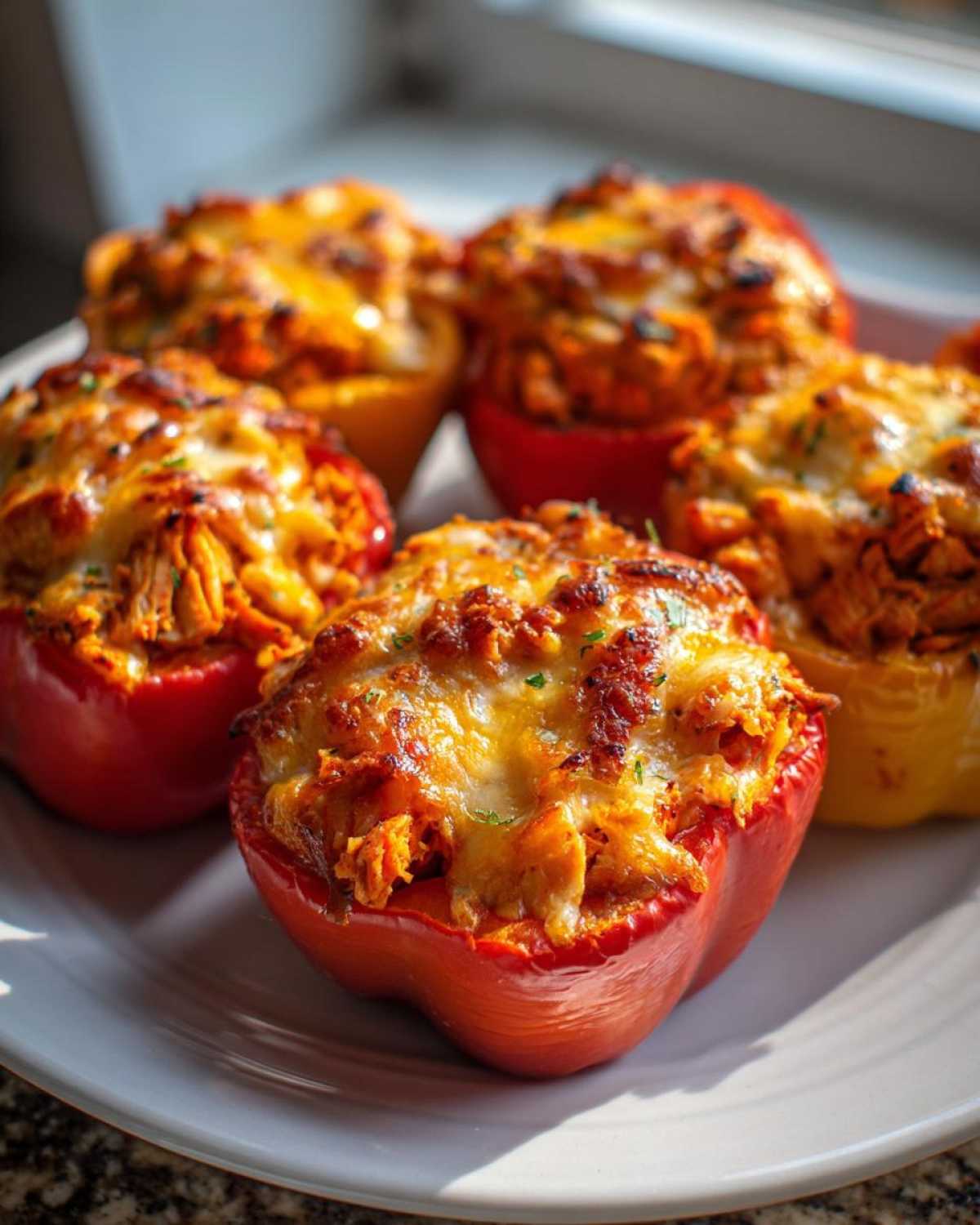 Close-up of red and yellow bell peppers stuffed with buffalo chicken and melted cheese.
