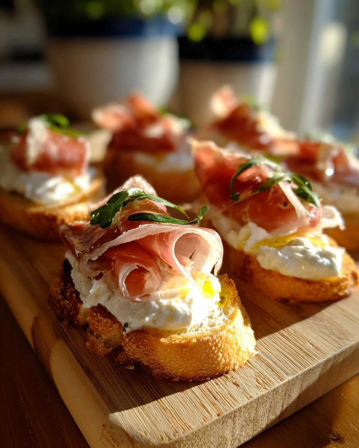 Close-up of delicious Burrata & Prosciutto Crostini on a wooden board, drizzled with olive oil and garnished with arugula.