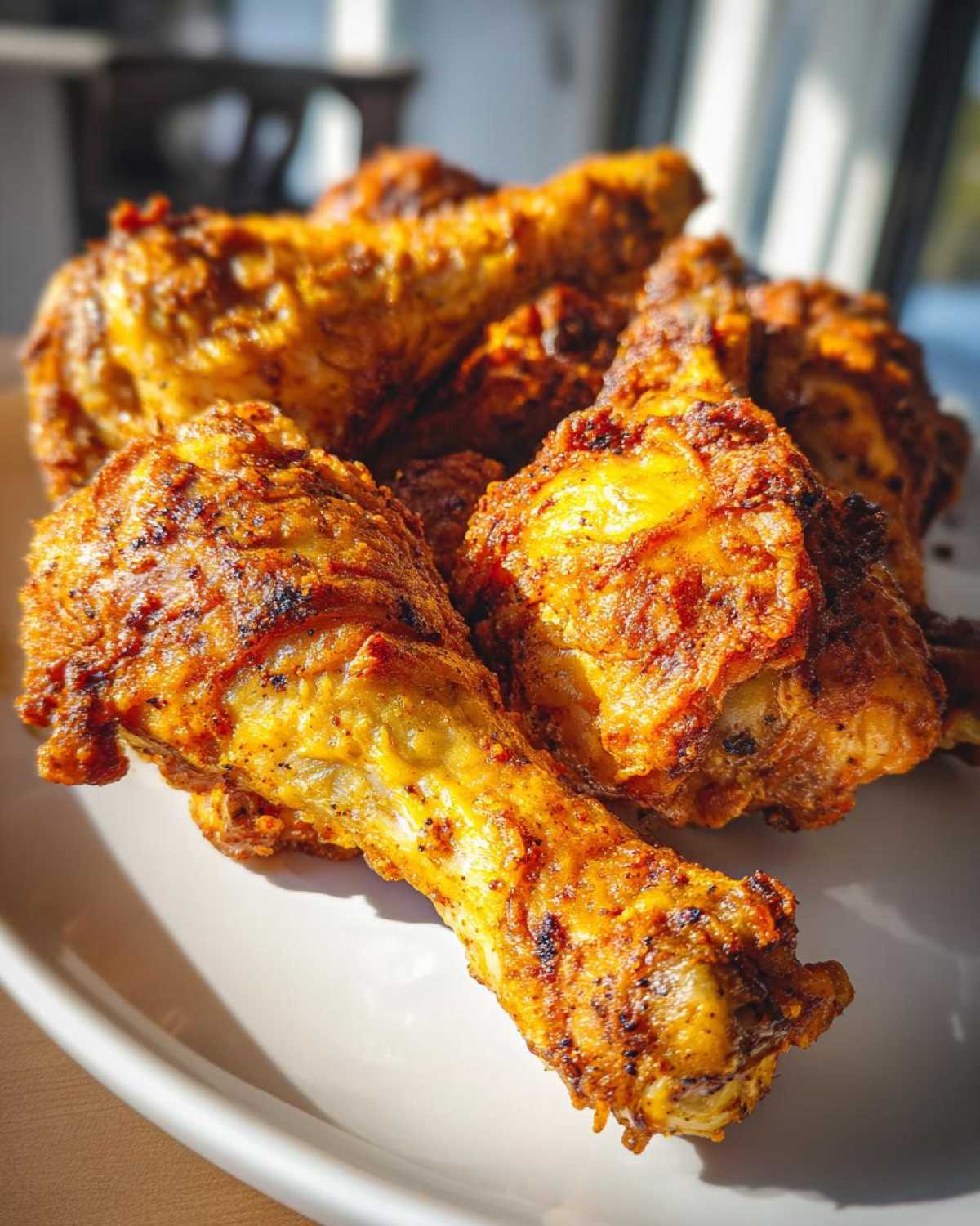 A close-up of golden brown Cajun Air Fryer Drumsticks seasoned with spices, served on a white plate.