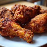 Close-up of golden brown, crispy Cajun Air Fryer Drumsticks piled on a white plate.