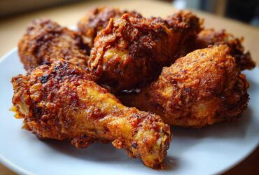 Close-up of golden brown, crispy Cajun Air Fryer Drumsticks piled on a white plate.