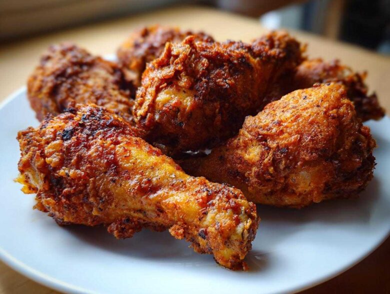 Close-up of golden brown, crispy Cajun Air Fryer Drumsticks piled on a white plate.