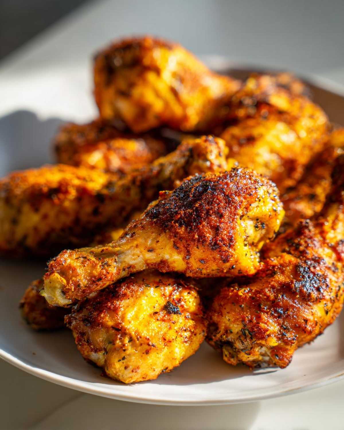 A close-up of a pile of golden-brown Cajun Air Fryer Drumsticks seasoned with spices and herbs.
