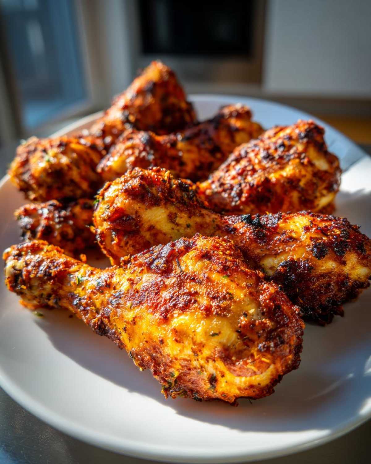 A close-up of crispy Cajun Air Fryer Drumsticks piled on a white plate, seasoned with spices and herbs.