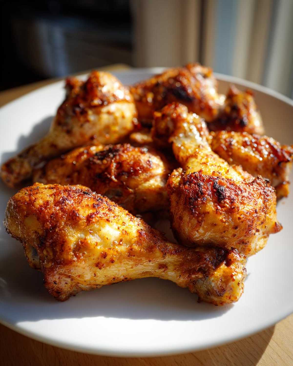 A close-up of several golden-brown Cajun Air Fryer Drumsticks piled on a white plate, glistening.