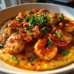 A close-up of delicious Cajun Shrimp & Grits, featuring plump shrimp in a flavorful sauce over creamy grits, garnished with fresh parsley.