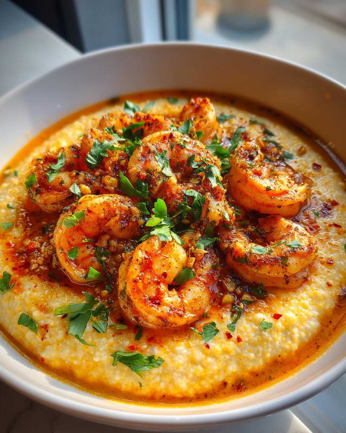 A close-up view of a bowl of creamy grits topped with perfectly seasoned Cajun Shrimp and fresh parsley.