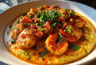 A close-up of delicious Cajun Shrimp & Grits, featuring plump shrimp in a flavorful sauce over creamy grits, garnished with fresh parsley.