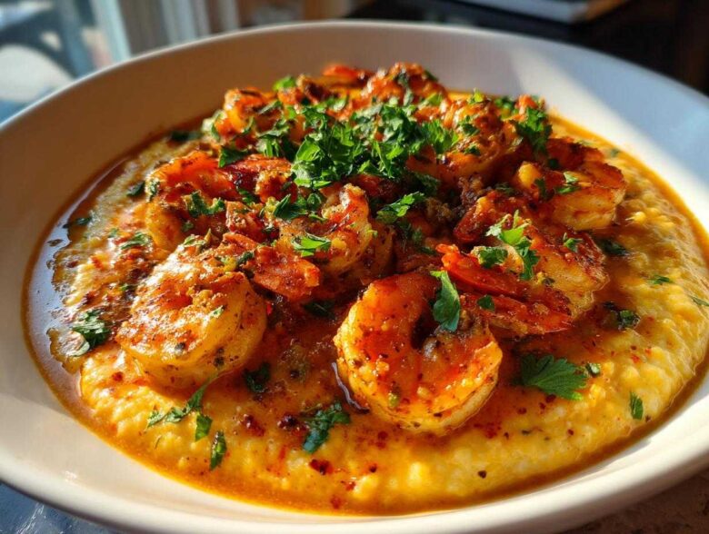 A close-up of delicious Cajun Shrimp & Grits, featuring plump shrimp in a flavorful sauce over creamy grits, garnished with fresh parsley.