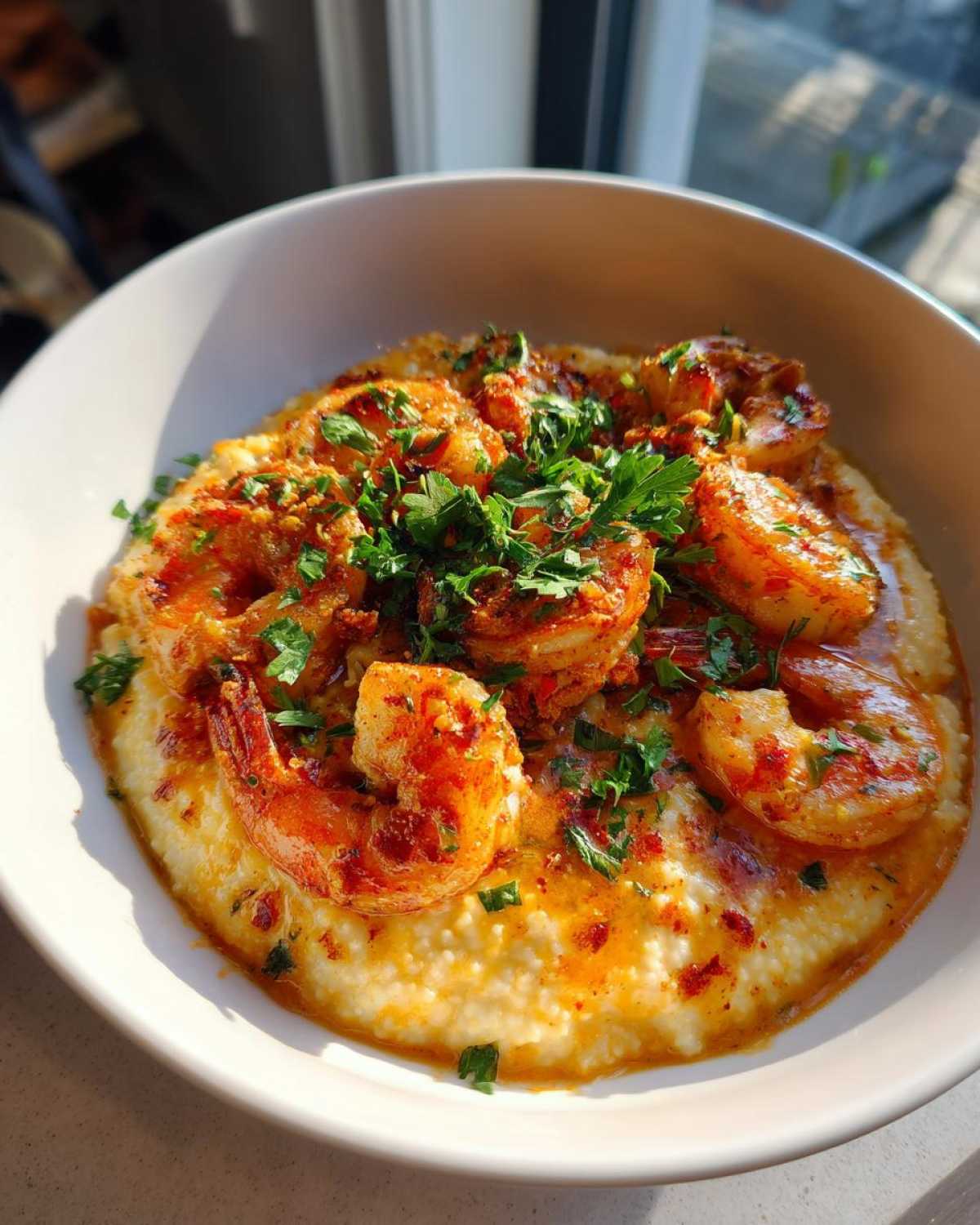 A close-up of a bowl of creamy grits topped with succulent Cajun Shrimp and fresh parsley.