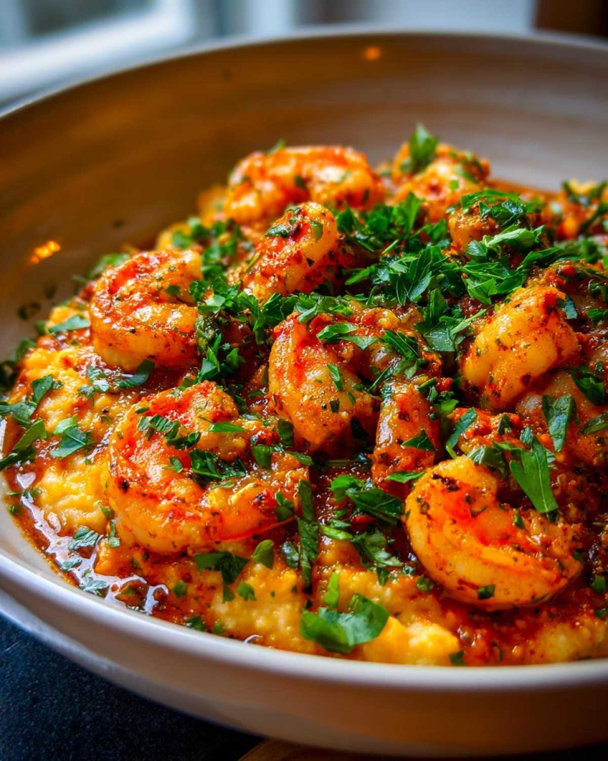 Close-up of creamy grits topped with flavorful Cajun Shrimp & Grits, garnished with fresh parsley.