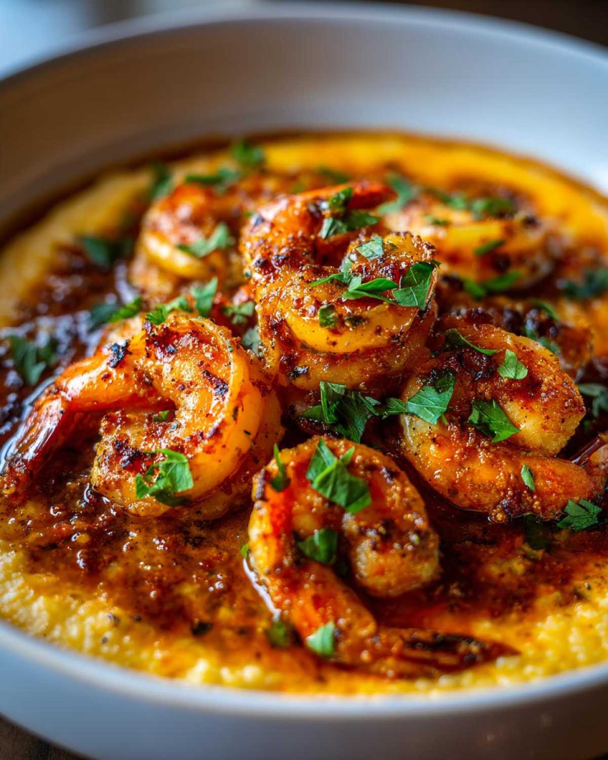 Close-up of creamy grits topped with perfectly seasoned Cajun Shrimp & Grits, garnished with fresh parsley.