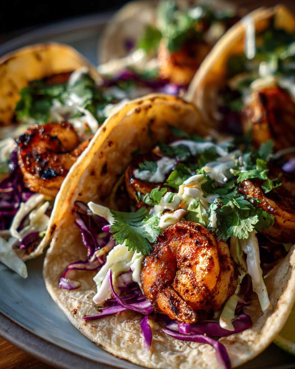 Close-up of delicious Cajun Shrimp Tacos filled with seasoned shrimp, red cabbage, and cilantro.