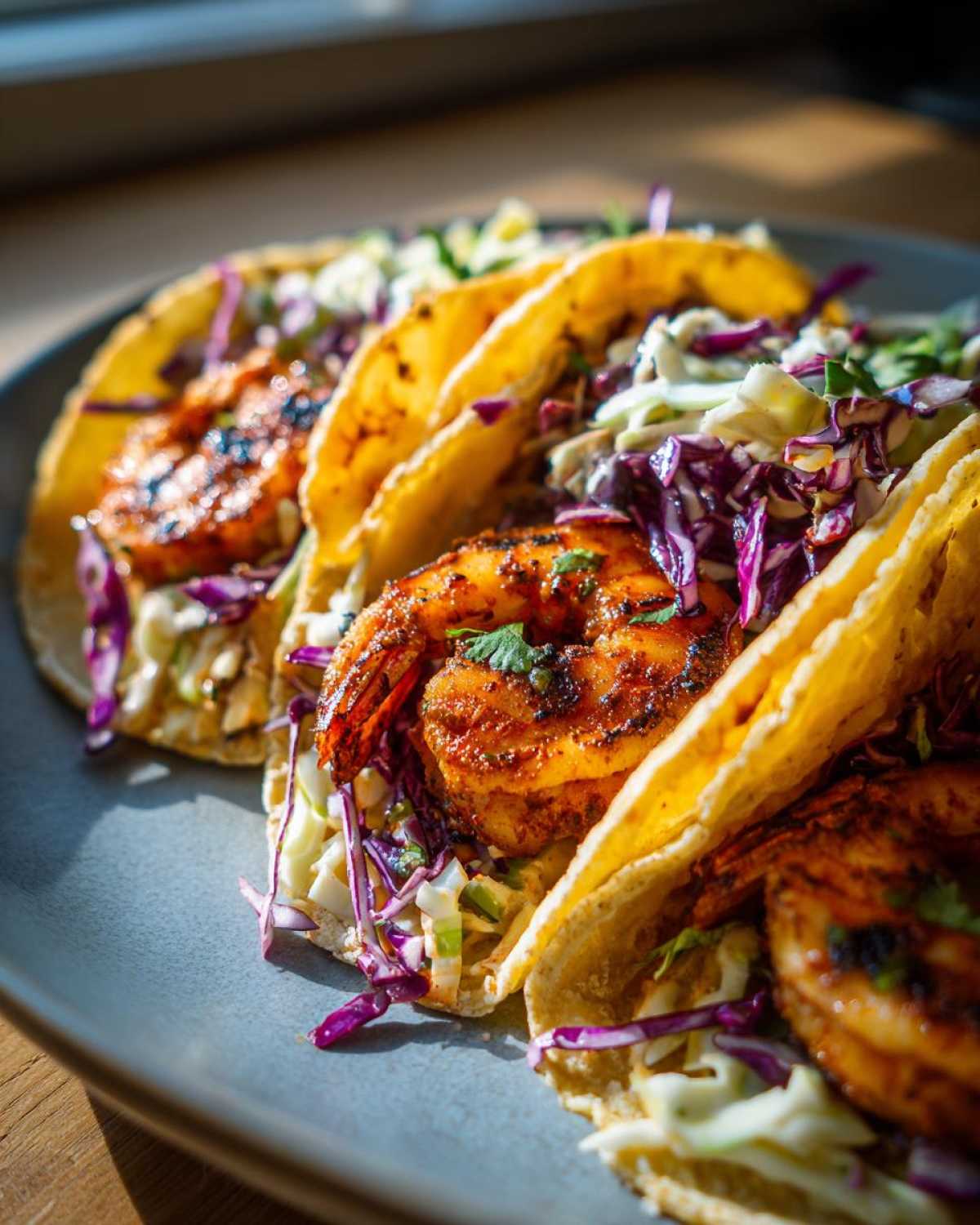 Three delicious Cajun Shrimp Tacos filled with seasoned shrimp, shredded cabbage, and cilantro on a gray plate.