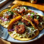 A close-up of three Cajun Shrimp Tacos filled with seasoned shrimp, coleslaw, and a creamy sauce, garnished with cilantro.