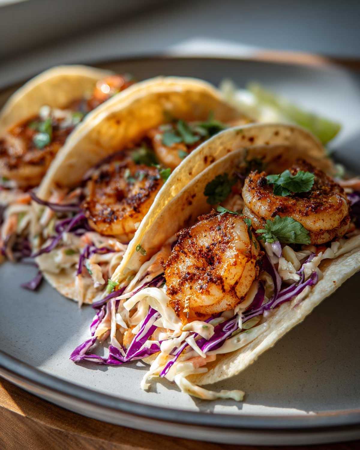 Three delicious Cajun Shrimp Tacos filled with seasoned shrimp and fresh slaw, garnished with cilantro and lime.