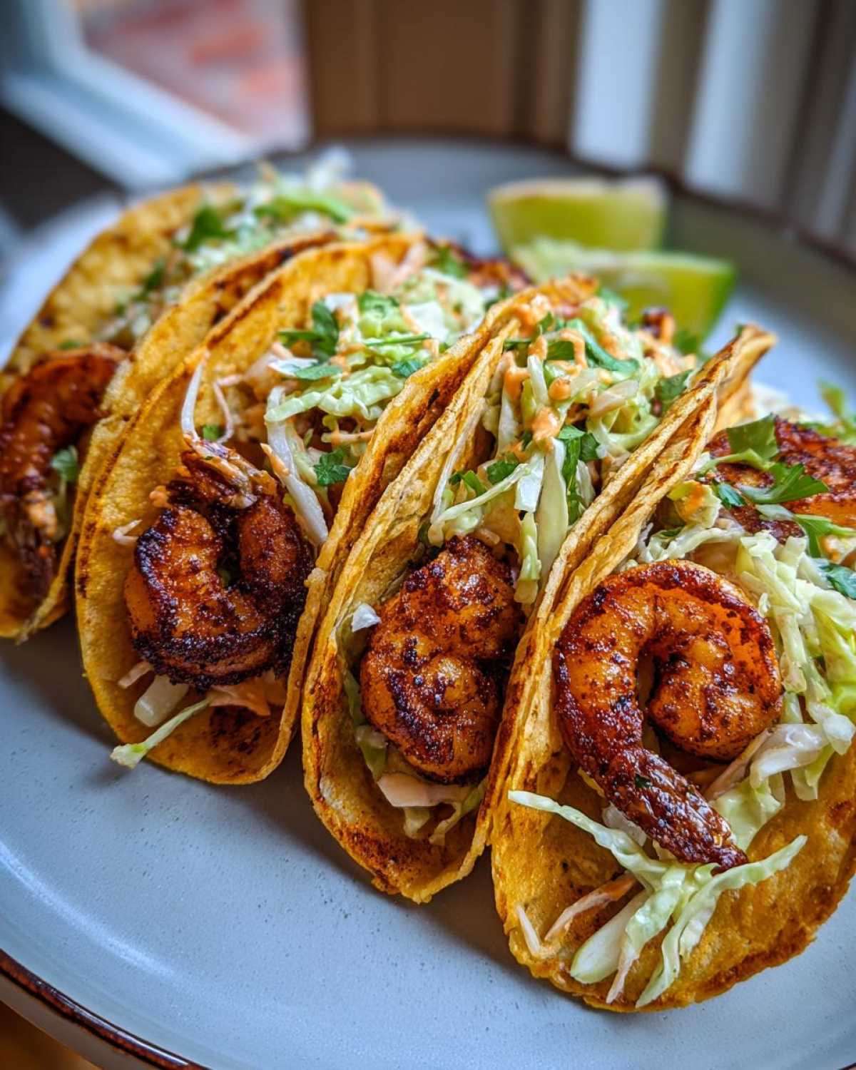 Close-up of four Cajun Shrimp Tacos filled with seasoned shrimp, shredded cabbage, and a creamy sauce, garnished with cilantro.