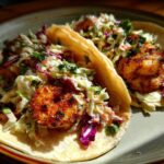 Two delicious Cajun Shrimp Tacos filled with seasoned shrimp and a fresh, creamy coleslaw, garnished with cilantro.