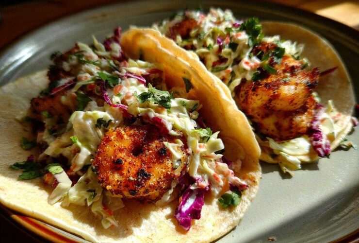 Two delicious Cajun Shrimp Tacos filled with seasoned shrimp and a fresh, creamy coleslaw, garnished with cilantro.