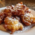 A close-up of golden-brown Cardamom Apple Fritters dusted with powdered sugar on a white plate.