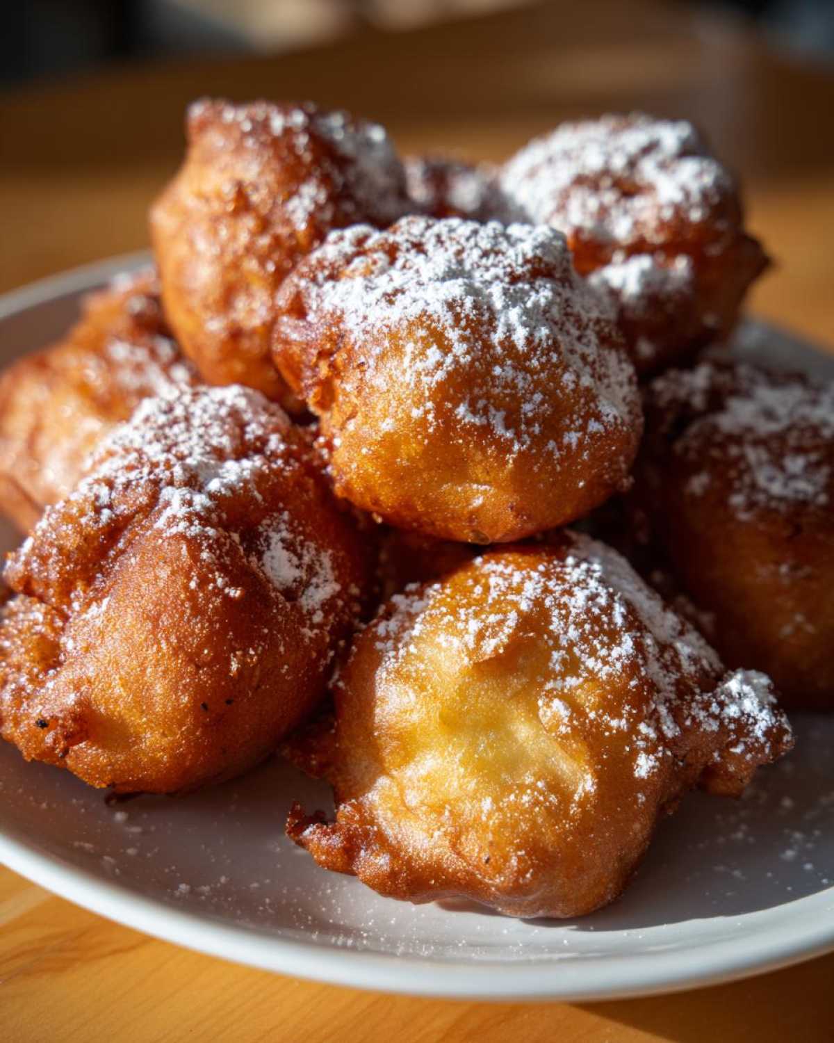 A close-up of golden-brown Cardamom Apple Fritters piled on a white plate and dusted with powdered sugar.