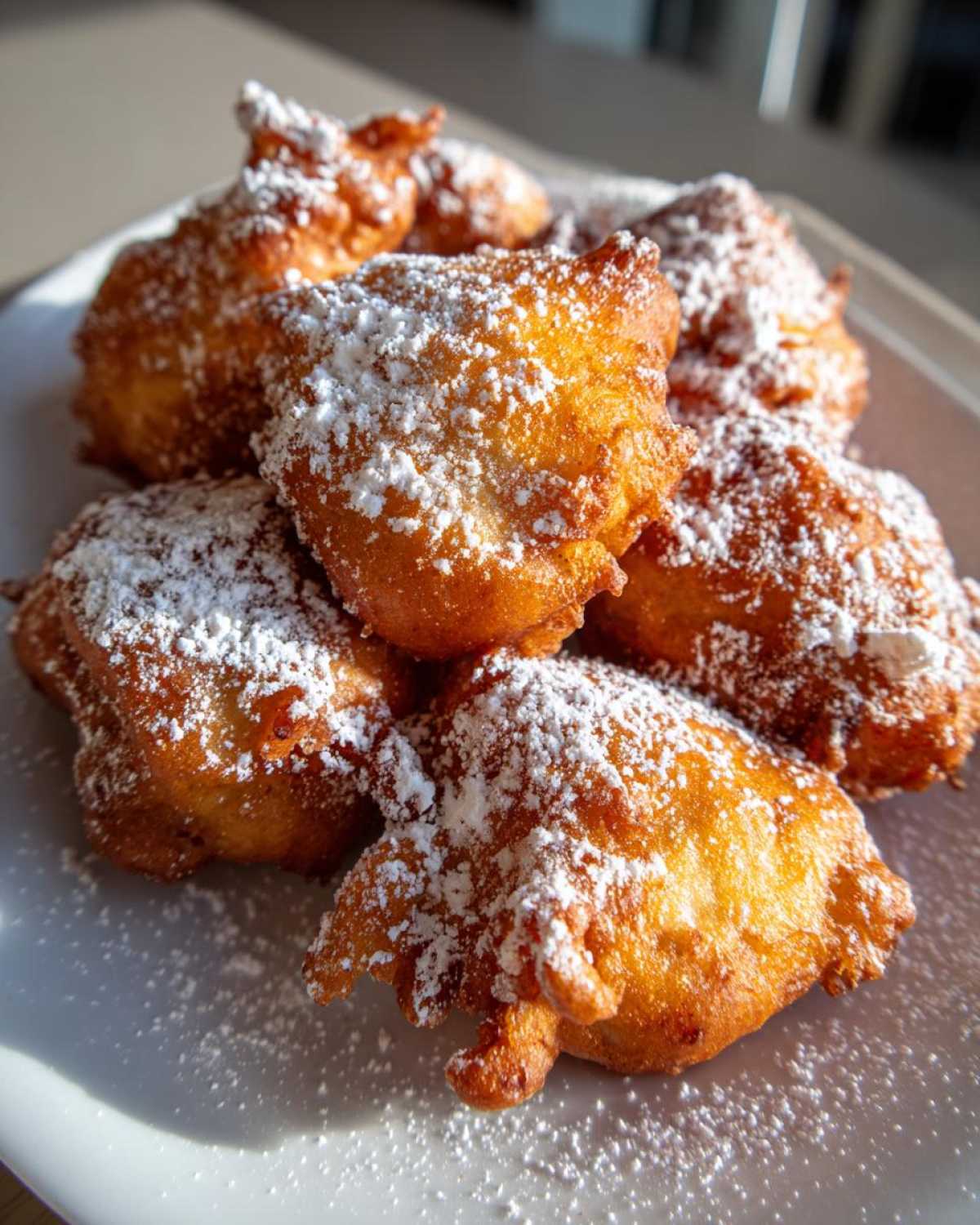 A close-up of golden brown Cardamom Apple Fritters dusted with powdered sugar on a white plate.