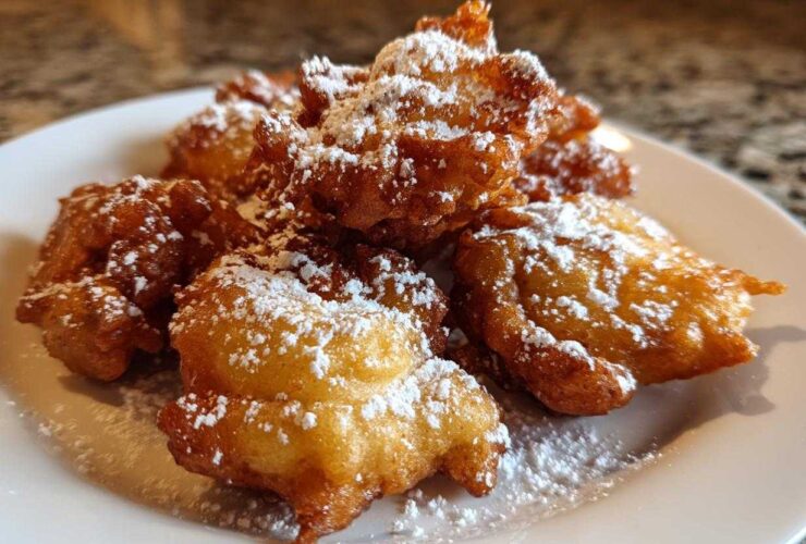 A close-up of golden-brown Cardamom Apple Fritters dusted with powdered sugar on a white plate.