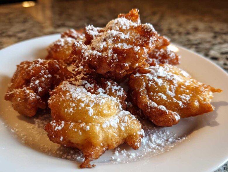 A close-up of golden-brown Cardamom Apple Fritters dusted with powdered sugar on a white plate.