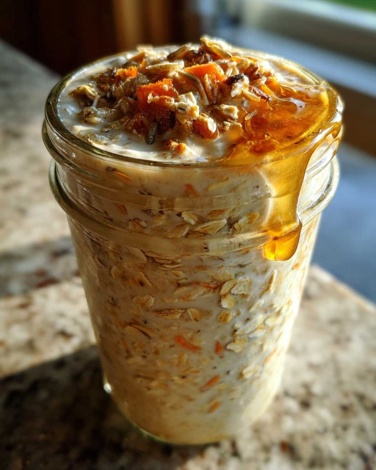 Close-up of Carrot Cake Overnight Oats in a glass jar, topped with nuts, dried fruit, and a drizzle of honey.