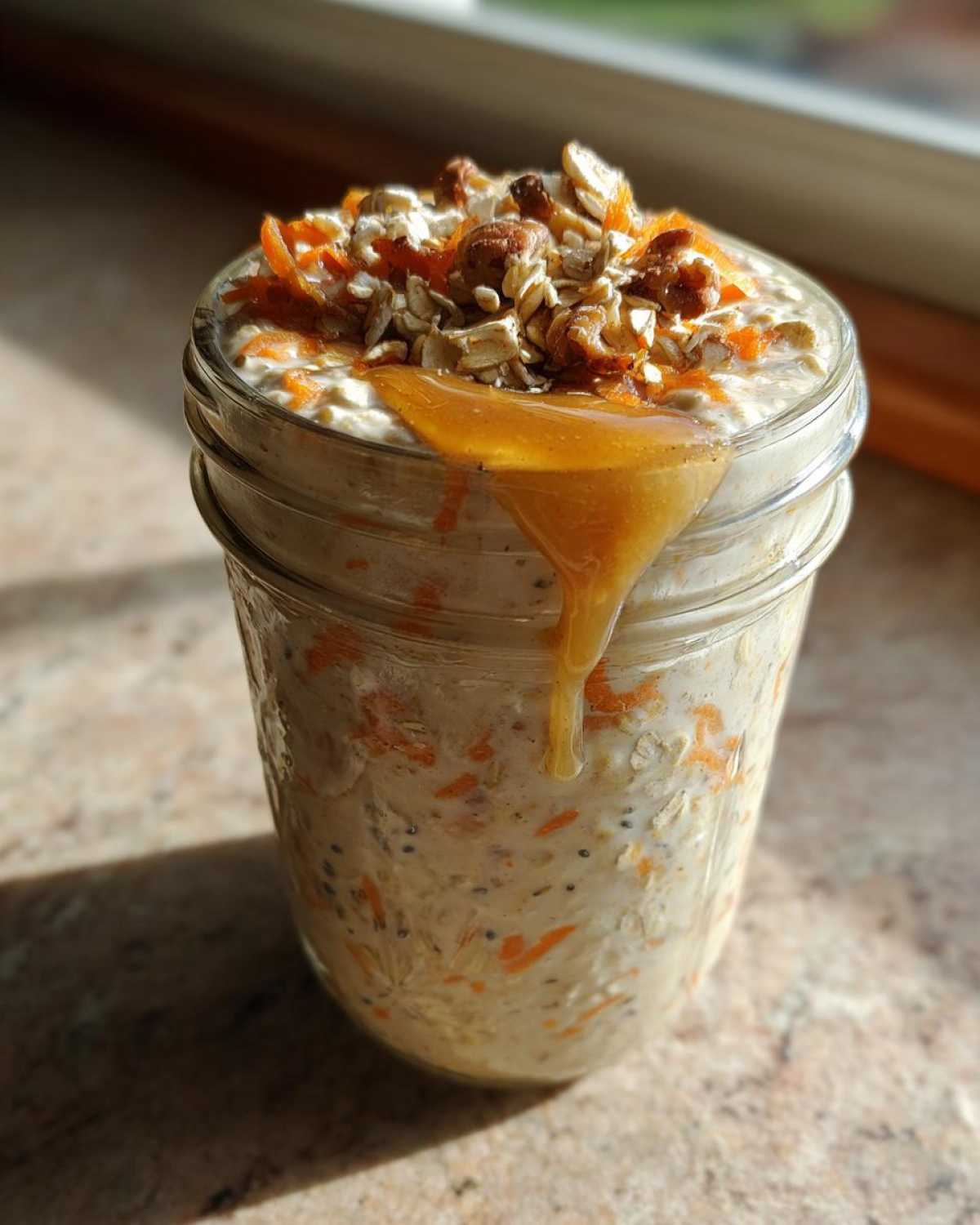 A delicious jar of Carrot Cake Overnight Oats topped with nuts, oats, and a drizzle of honey.