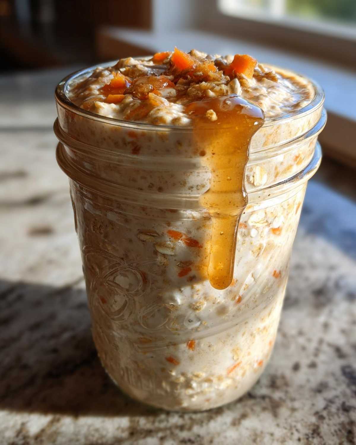 A close-up of Carrot Cake Overnight Oats in a mason jar, topped with chopped nuts and drizzled with honey.