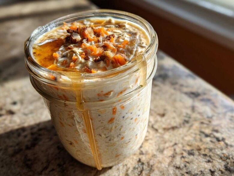 A close-up of Carrot Cake Overnight Oats in a mason jar, topped with chopped nuts and drizzled with honey.