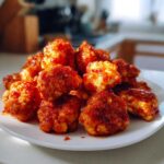 A close-up of a pile of golden-brown Cauliflower Buffalo Tots coated in a glossy, spicy red sauce on a white plate.