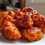 A close-up of a pile of golden-brown Cauliflower Buffalo Tots coated in a glossy, spicy sauce.