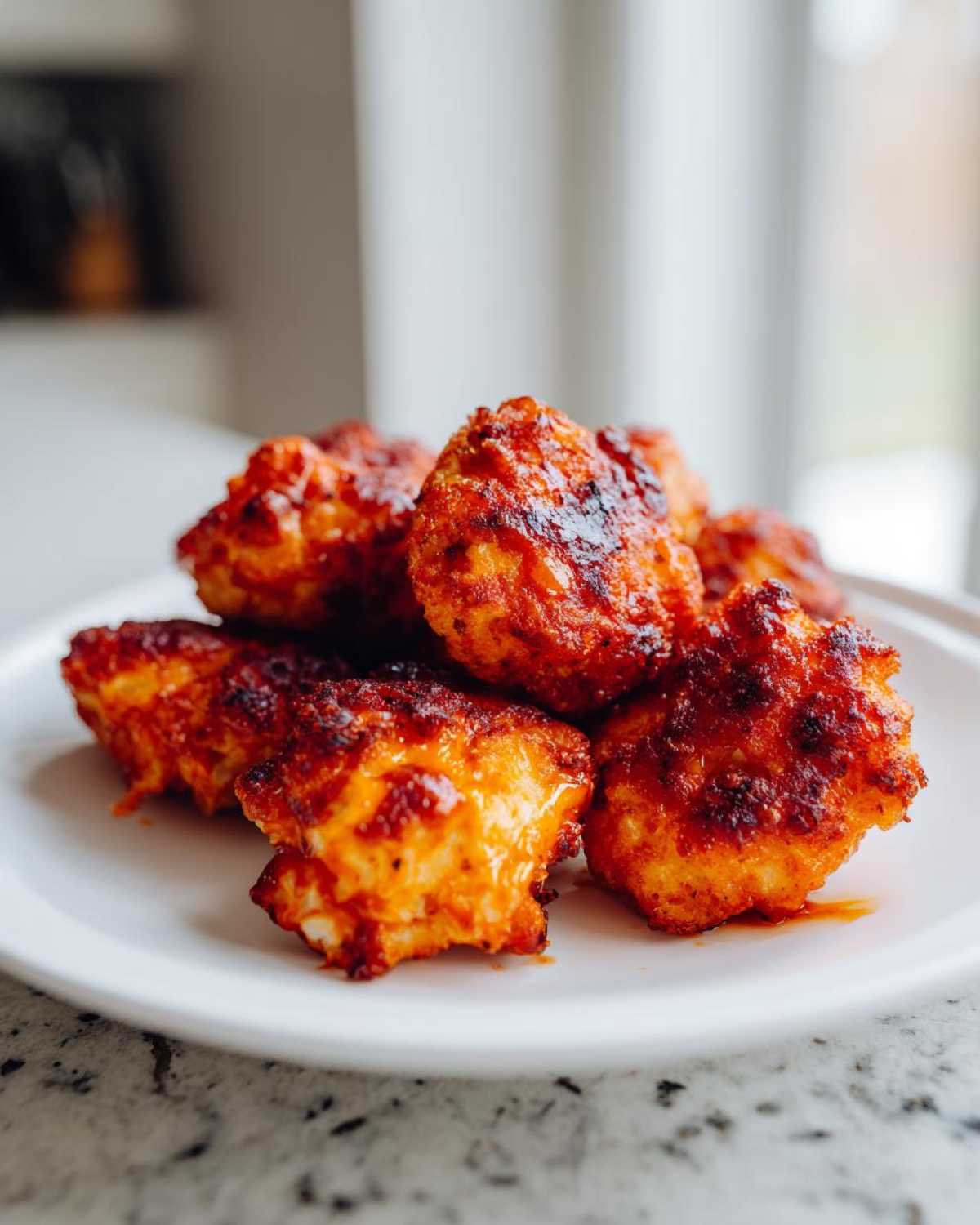 A pile of golden-brown Cauliflower Buffalo Tots coated in spicy red sauce on a white plate.