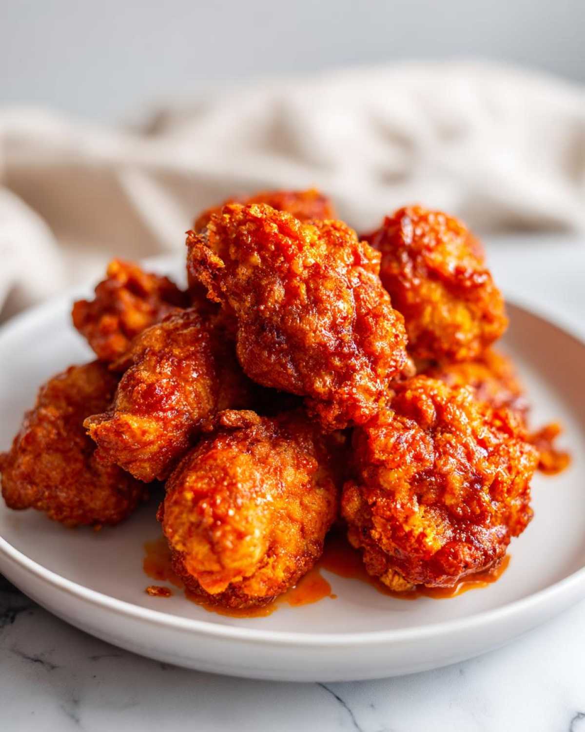 A close-up of crispy, golden-brown Cauliflower Buffalo Tots coated in a vibrant red buffalo sauce on a white plate.