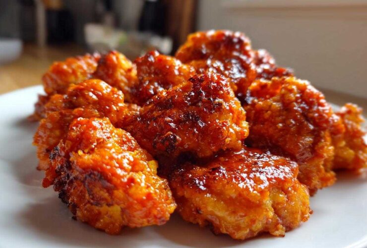 A close-up of a pile of golden-brown Cauliflower Buffalo Tots coated in a glossy, spicy sauce.
