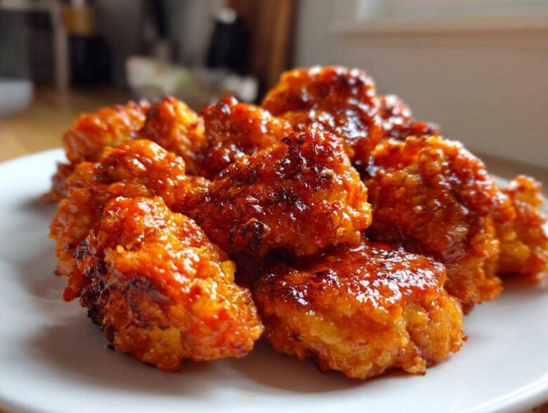 A close-up of a pile of golden-brown Cauliflower Buffalo Tots coated in a glossy, spicy sauce.