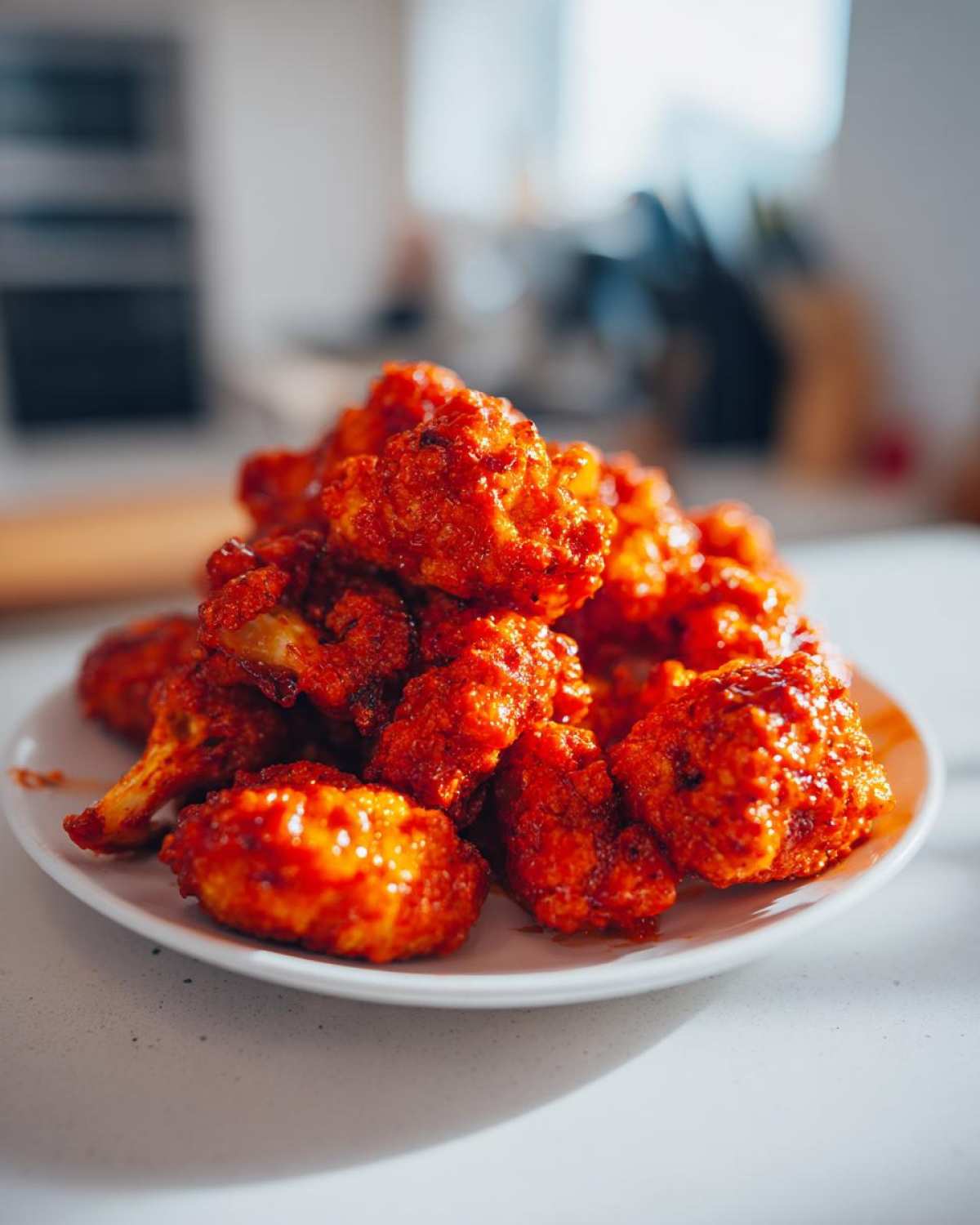 A close-up of a pile of Cauliflower Buffalo Tots coated in a glossy, red buffalo sauce on a white plate.
