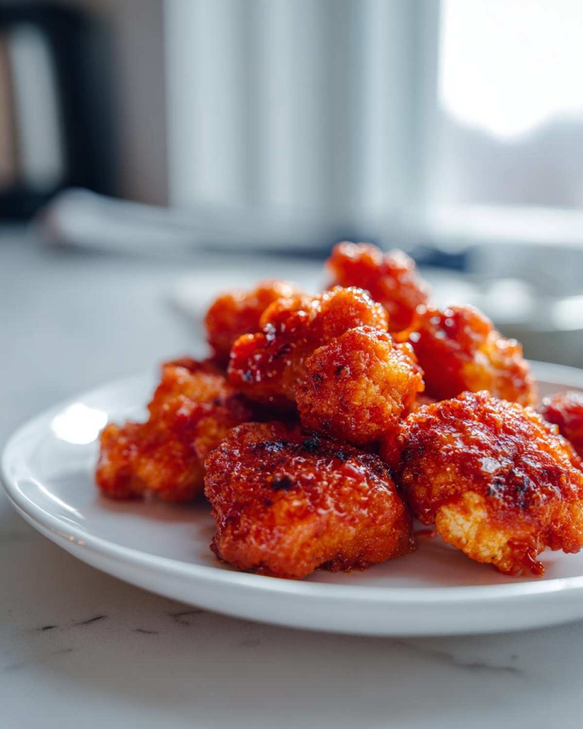 A close-up of a pile of golden-brown Cauliflower Buffalo Tots coated in a glossy, spicy red sauce on a white plate.