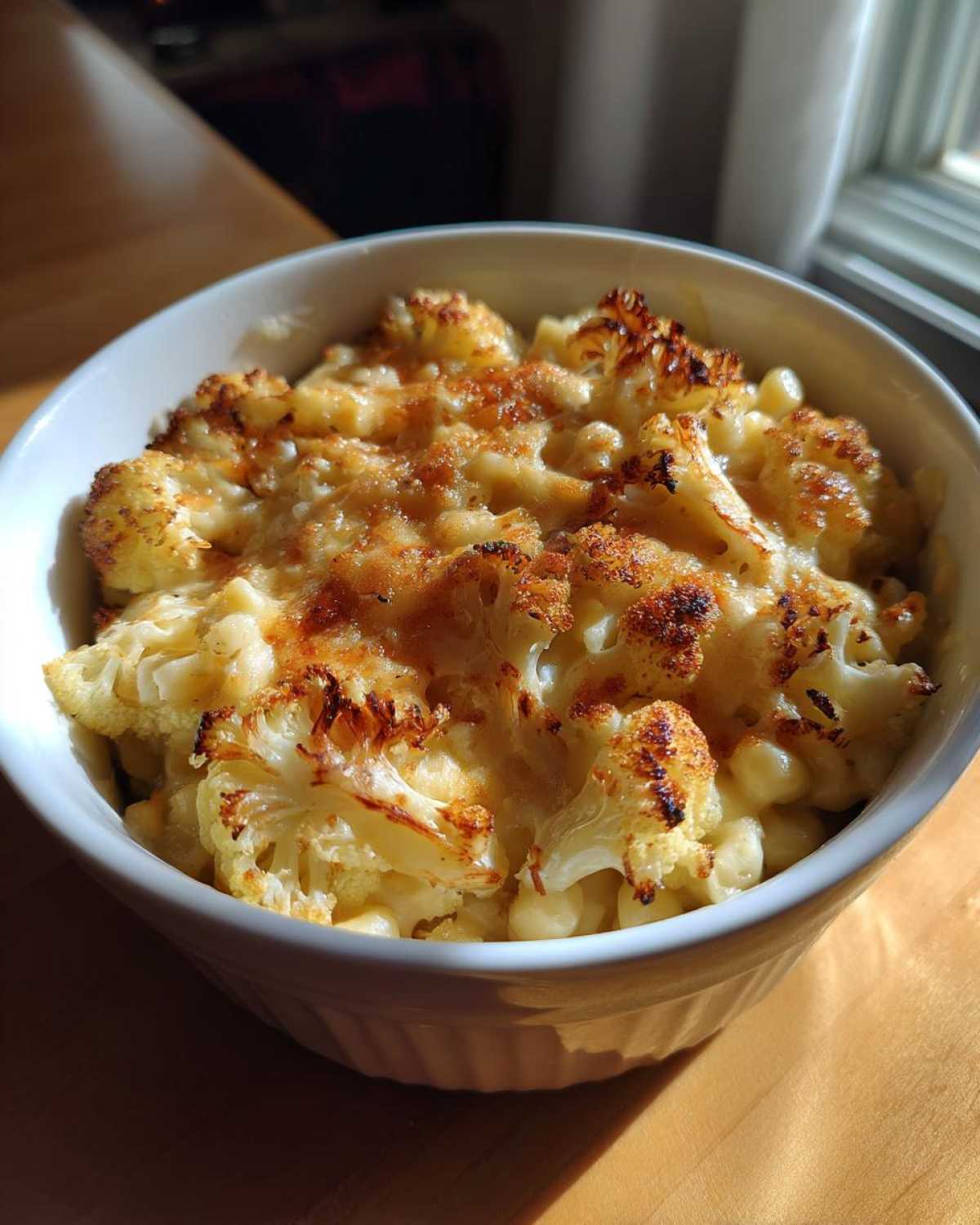 A close-up of a white bowl filled with creamy Cauliflower Mac and Cheese, topped with golden-brown roasted cauliflower florets.