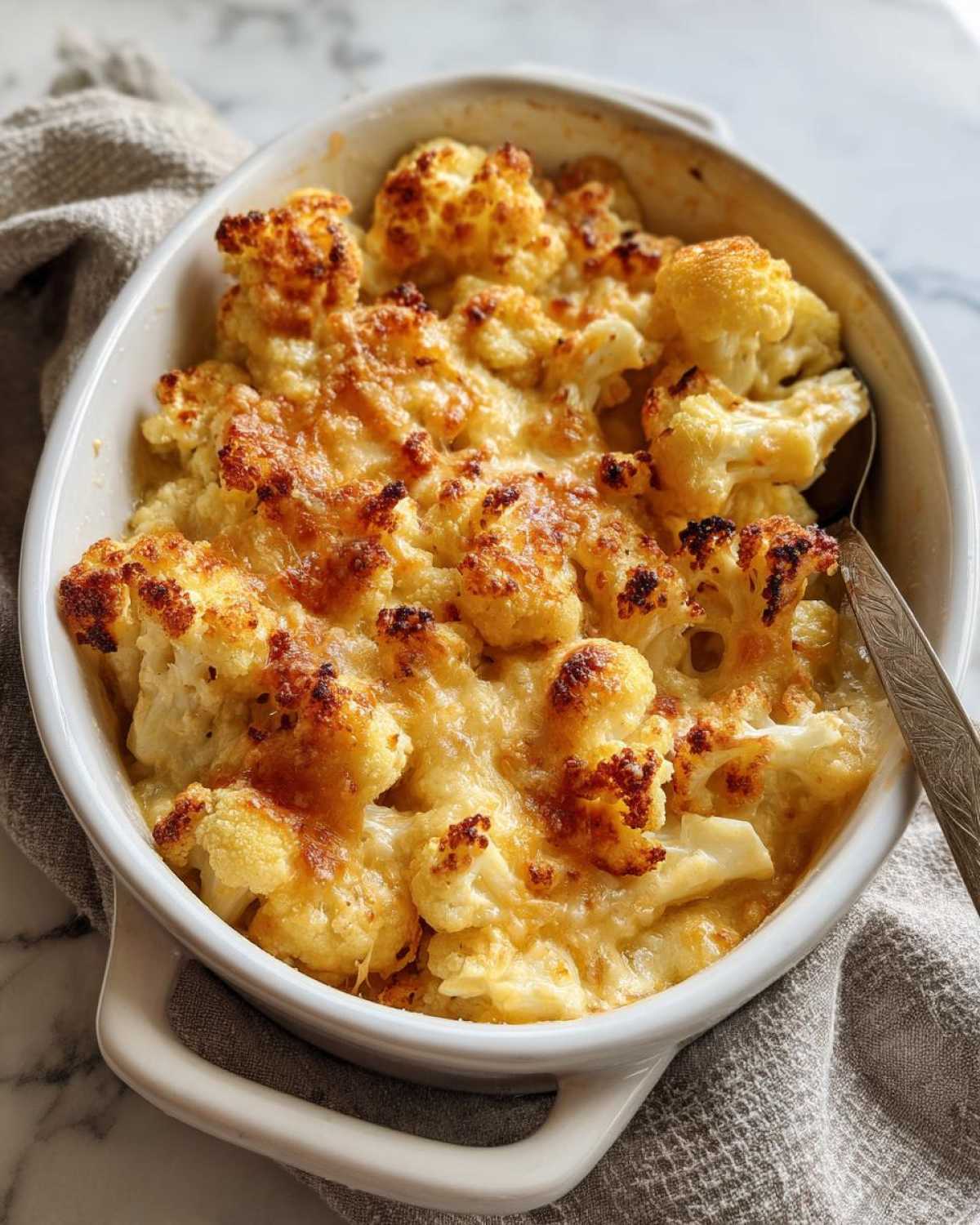 Close-up of a white baking dish filled with golden-brown baked Cauliflower Mac and Cheese.