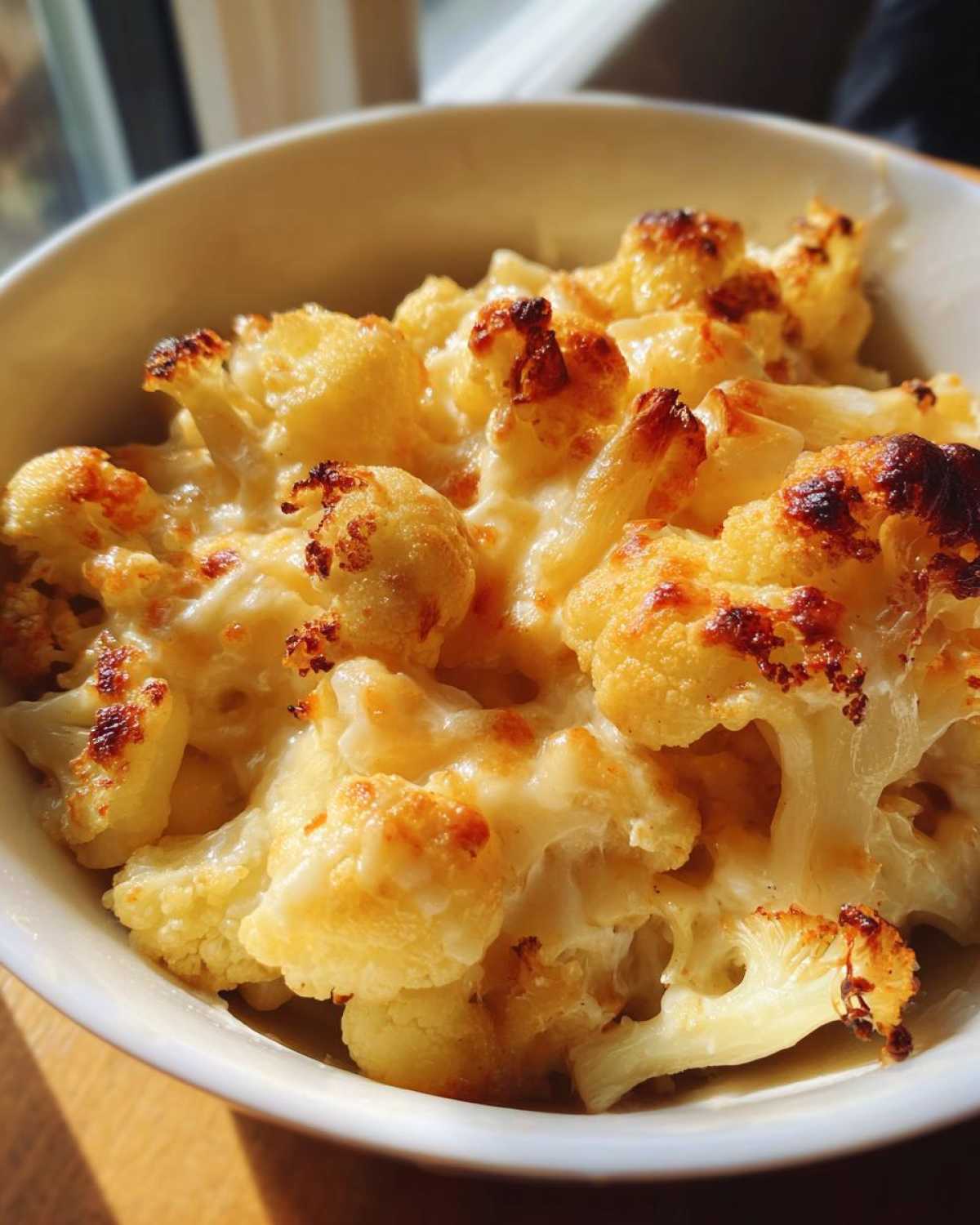 A close-up of baked Cauliflower Mac and Cheese in a white bowl, with golden-brown roasted cauliflower florets and melted cheese.