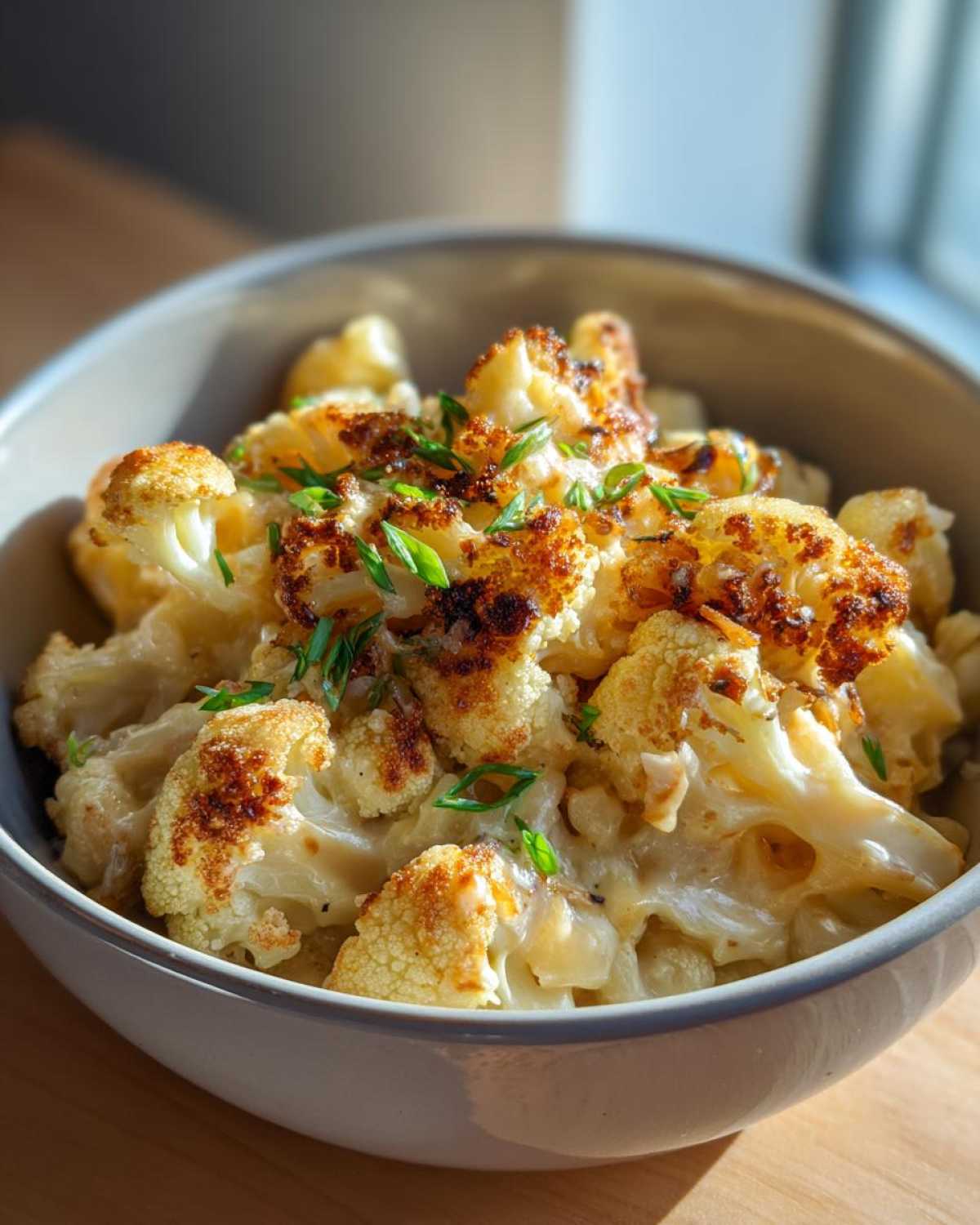 A close-up of a bowl filled with creamy Cauliflower Mac and Cheese, topped with browned cauliflower florets and green onions.