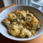 A close-up of creamy Cauliflower Mac and Cheese, topped with fresh parsley.
