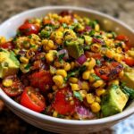 A close-up of a white bowl filled with Charred Corn & Avocado Salsa, featuring corn, avocado, cherry tomatoes, and red onion.