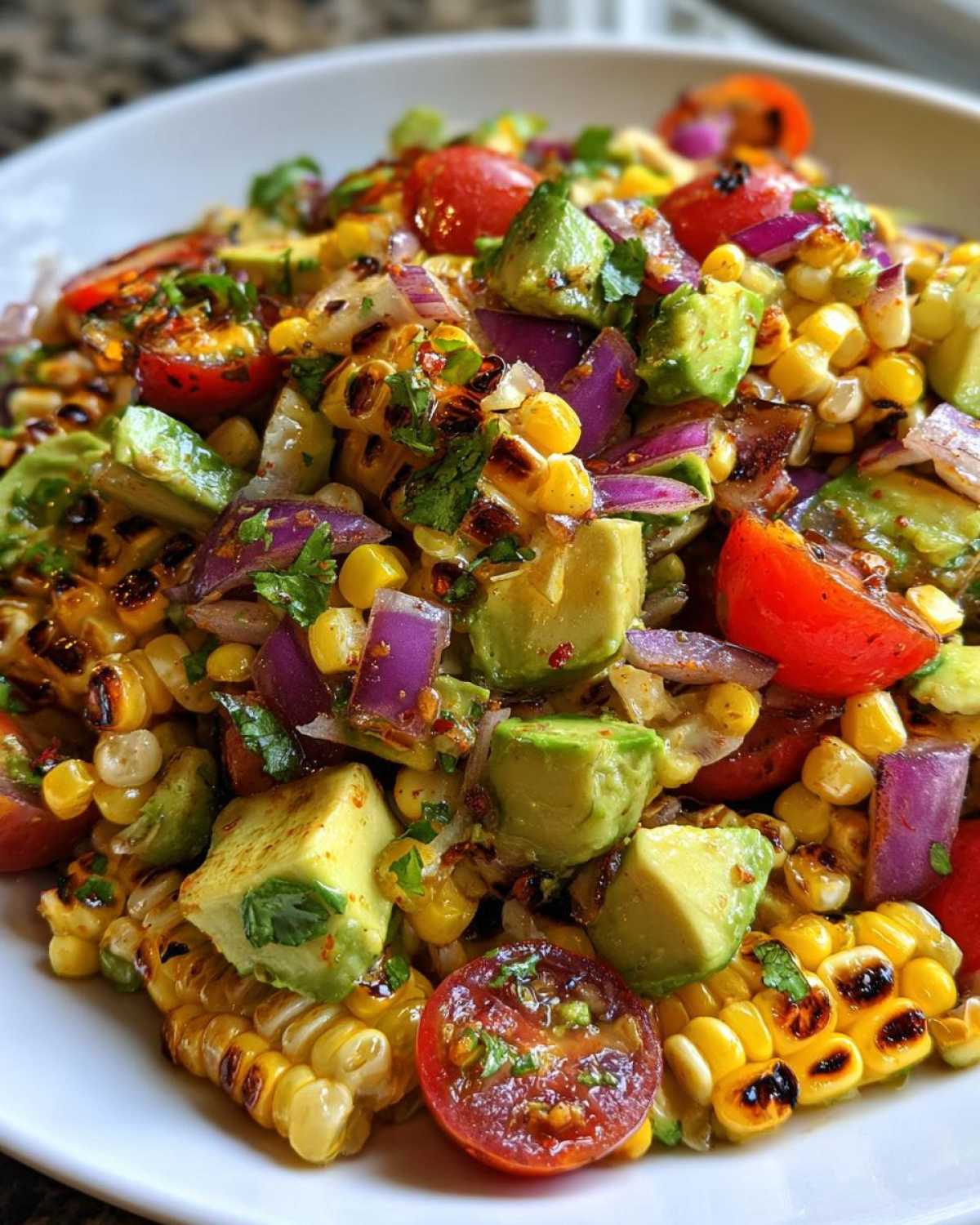 Close-up of a vibrant Charred Corn & Avocado Salsa with corn, avocado, tomatoes, and red onion.
