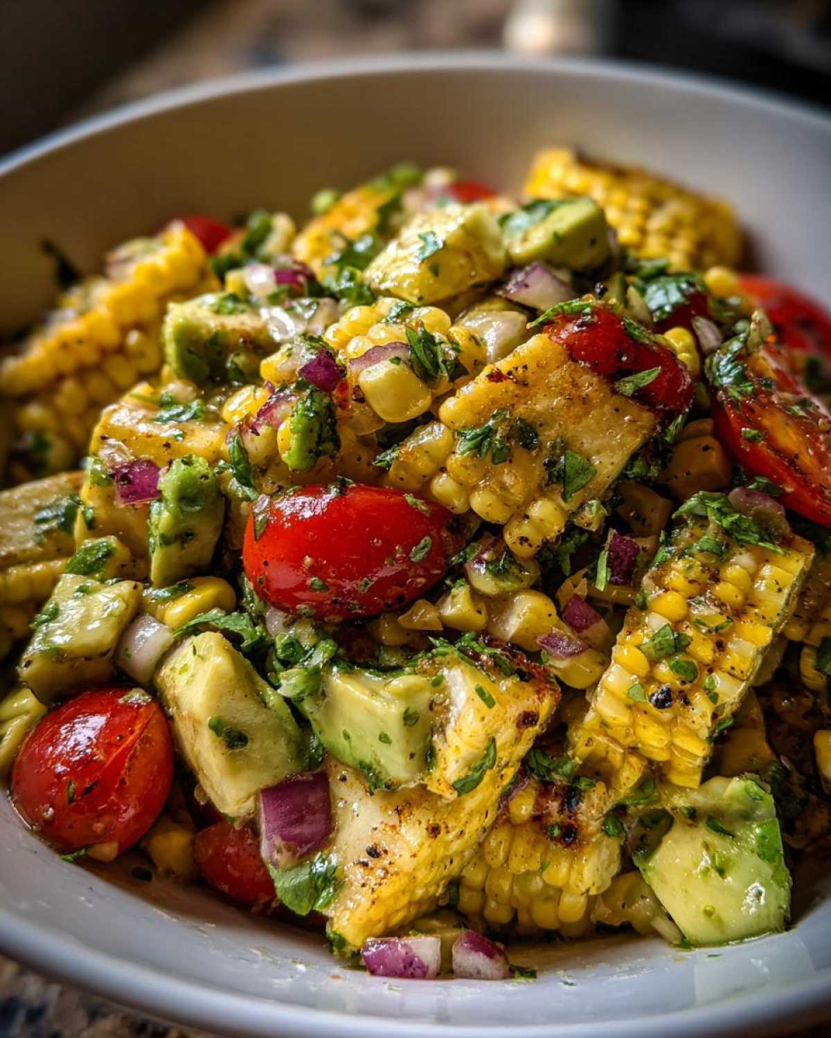 A close-up of Charred Corn & Avocado Salsa featuring grilled corn, creamy avocado, cherry tomatoes, and red onion, seasoned with herbs.