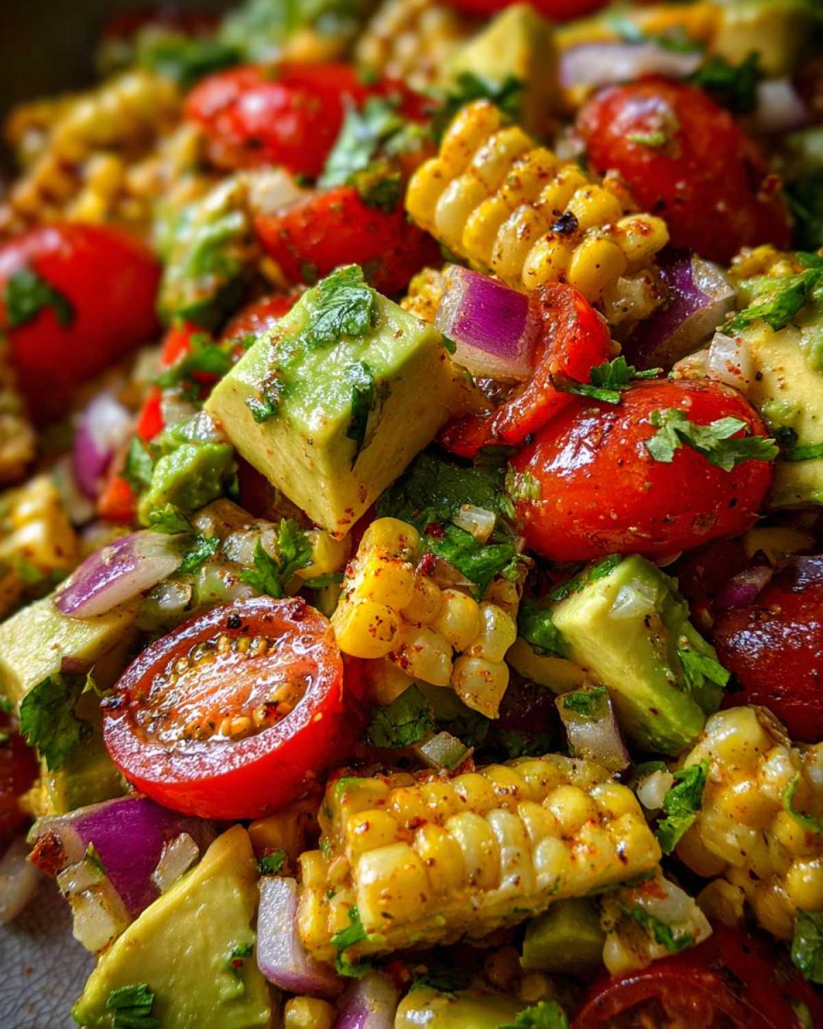 A vibrant close-up of Charred Corn & Avocado Salsa, featuring charred corn, diced avocado, cherry tomatoes, and red onion.