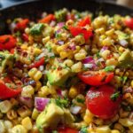 A vibrant close-up of Charred Corn & Avocado Salsa, featuring grilled corn, diced avocado, cherry tomatoes, and red onion.